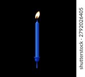 Blue birthday candle for cake. 3d birthday candle with glowing flame. Colorful party decoration element for happy celebration, card, invitation, banner, poster. Festive realistic vector illustration.