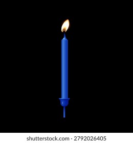 Blue birthday candle for cake. 3d birthday candle with glowing flame. Colorful party decoration element for happy celebration, card, invitation, banner, poster. Festive realistic vector illustration.