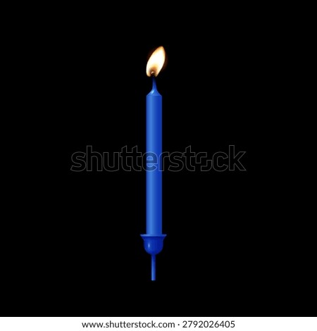 Blue birthday candle for cake. 3d birthday candle with glowing flame. Colorful party decoration element for happy celebration, card, invitation, banner, poster. Festive realistic vector illustration.