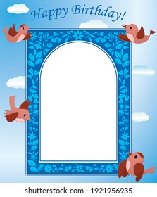 blue birthday card with birds - vector