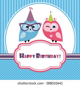 Blue birthday card with two owls