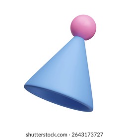 Blue birthday cone hat with pink pom pom 3D vector render icon. Gender reveal party decor element. Boy or girl decoration. Happy birthday celebration cap. Triangle cone hat realistic 3D vector.