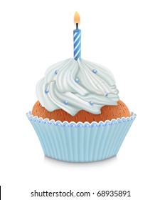 Blue Birthday Cupcake With Burning Candle