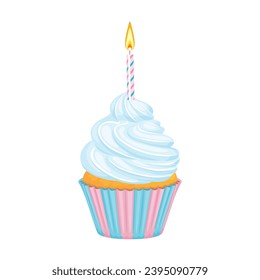 Blue birthday cupcake with candle isolated on white. Vector cartoon illustration of festive pastry.