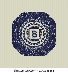 Blue bitcoin chip (cryptocurrency mining concept) icon inside grunge seal