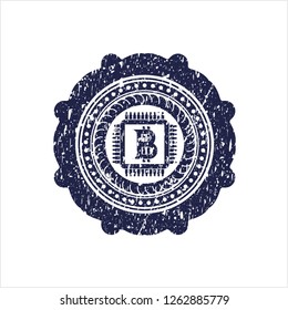 Blue bitcoin chip (cryptocurrency mining concept) icon inside grunge style stamp