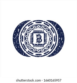 Icono de chip de bitcoin azul (concepto de minería de criptomoneda) dentro de la textura de caucho en peligro