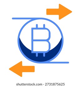Um ícone de moeda Bitcoin azul com setas laranja bidirecionais e uma base de onda, simbolizando transações Bitcoin, enviando, recebendo BTC, transferências cripto, pagamentos ou movimento de entrada e saída de dinheiro