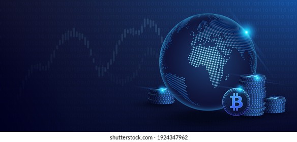 Blue Bitcoin Digital Currency And World Globe Hologram, Futuristic Digital Money And Technology Worldwide Network Concept, Isometric Vector Illustration
