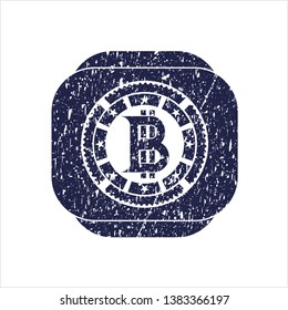 Blue bitcoin icon inside distressed rubber grunge seal
