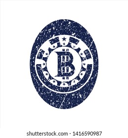 Blue bitcoin icon inside distressed rubber seal with grunge texture