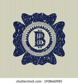 Blue bitcoin icon inside grunge seal. 