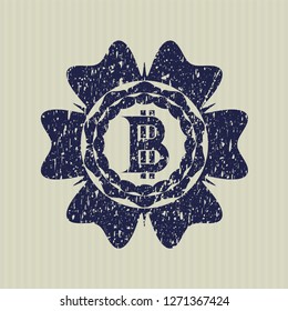 Blue bitcoin icon inside rubber seal with grunge texture