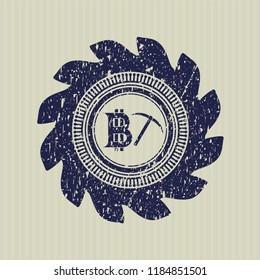 Blue bitcoin mining icon inside rubber seal