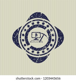 Blue bitcoin mining icon inside distress rubber grunge seal