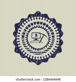 Blue bitcoin mining icon inside distressed rubber stamp with grunge texture