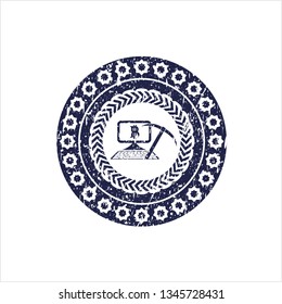 Blue bitcoin mining icon inside distressed rubber texture