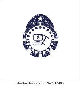 Blue bitcoin mining icon inside distress rubber texture