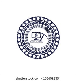 Blue bitcoin mining icon inside distress rubber grunge texture stamp