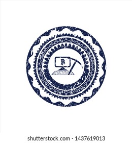 Blue bitcoin mining icon inside distressed grunge stamp