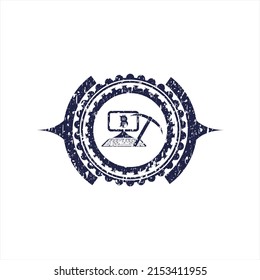Blaue Bitcoin-Minen-Ikone innerhalb einer bedrückten Kautschuk-Grunge Textur-Stempel. 