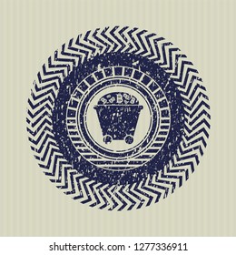 Blue Bitcoin mining trolley icon inside distress grunge style stamp