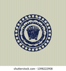 Blue Bitcoin mining trolley icon inside rubber grunge stamp