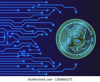 Blue bitcoin on a printed circuit board