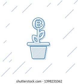 Blue Bitcoin plant in the pot line icon isolated on white background. Business investment growth concept. Blockchain technology, cryptocurrency mining. Vector Illustration