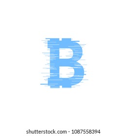 Blue bitcoin sign in glitch style on white background. Internet money digital vector illustration. Interference effect for image