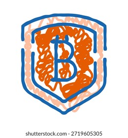 Símbolo bitcoin azul dentro de una ilustración de escudo garabateado naranja, que representa la protección de criptomonedas, la seguridad financiera en línea y la seguridad de la billetera digital