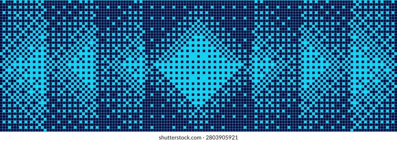 Blue bitmap pixel arrow technology background. Futuristic halftone square grid pattern with data flow, cyber network, digital transformation and abstract geometric vector texture