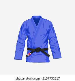 Blau BJJ Gi mit schwarzem Gürtel Vektorgrafik in flachem Stil. Brasilianischer Jiu-Jitsu weißer Kimono. Einzeln. auf schwarzem Hintergrund.	
