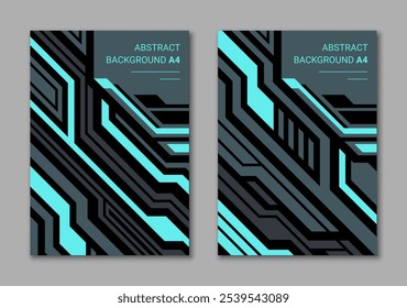Abstraktes A4-Seitendesign in Blau und Schwarz. Satz von geometrischen Linien Abdeckung für vertikale Marketing-Materialien im Tech-Stil mit Überschrift.
