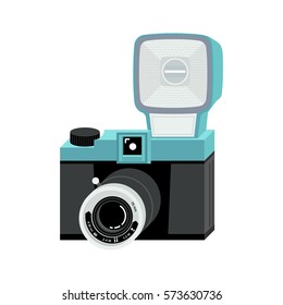 Blue and black analog film camera with big flash. Flat vector illustration. Isometric perspective.