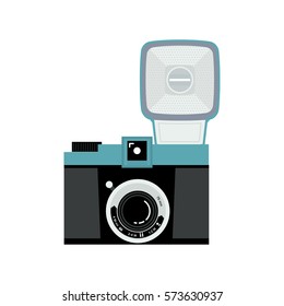 Blue and black analog film camera icon. Flat vector illustration. Front view. 