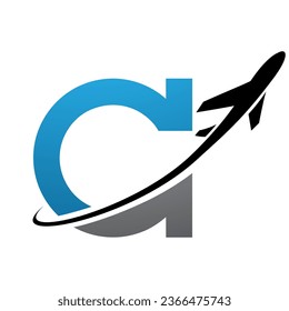 Blue and Black Antique Letter C Icon with an Airplane on a White Background
