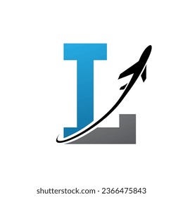 Blue and Black Antique Letter L Icon with an Airplane on a White Background