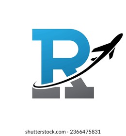 Blue and Black Antique Letter R Icon with an Airplane on a White Background