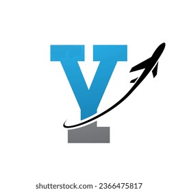 Blue and Black Antique Letter Y Icon with an Airplane on a White Background