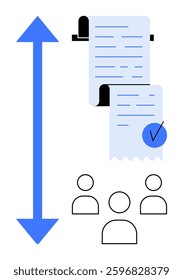 Blue and black arrow pointing up and down, a long checklist with a checkmark on a blue circle, and four simplified human figures. Ideal for productivity, teamwork, project management, task tracking