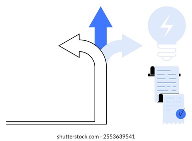 Blue and black arrows diverging in various directions alongside documents symbolizing choices, progress, and goals. Ideal for business growth, decision making, innovation, goal setting, strategy