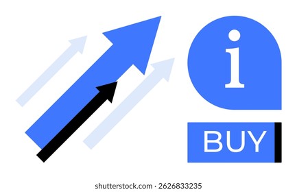 Blue and black arrows moving upwards, information symbol i, and a BUY button. Ideal for business growth, marketing, financial success, online shopping, investment, technology advancements, retail