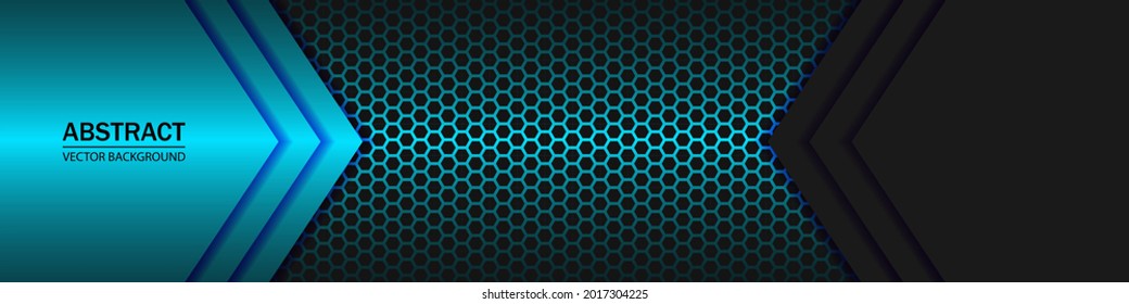 Blue and black arrows on a blue neon hexagonal grid. Geometric shapes on a hexagonal red grid.