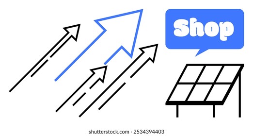 Setas azuis e pretas apontando para cima ao lado de uma bolha de fala Shop e um painel solar. Ideal para energia renovável, crescimento no varejo, sustentabilidade, tecnologia ecológica e consciência ambiental. Simples