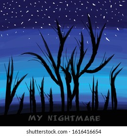 Blue black background with brush silhoute like a nightmare