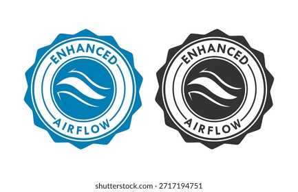 Logotipo de insignia azul y negro con líneas onduladas que representan un flujo de aire y ventilación mejorados, ideal para sistemas de refrigeración, servicios de climatización y tecnología de tejido transpirable.