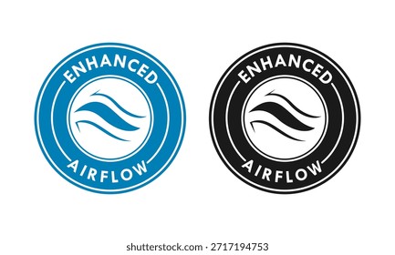 Logotipo de insignia azul y negro con líneas onduladas que representan un flujo de aire y ventilación mejorados, ideal para sistemas de refrigeración, servicios de climatización y tecnología de tejido transpirable.