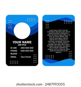 Blue and black business card with contact information.