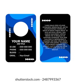 Blue and black business card with contact information.